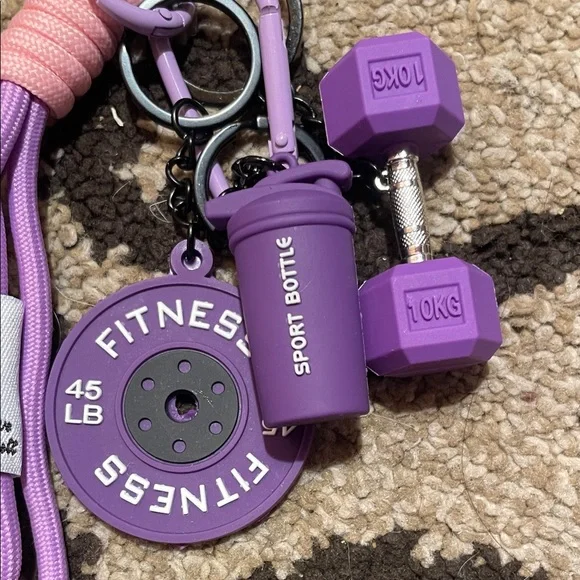 Purple Fitness Keychain Charm Set - Dumbbell, Plate & Shaker - Picture 4 of 4